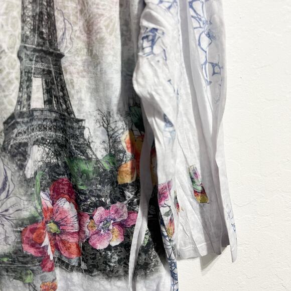 Vintage Jess & Jane Shirt XL Burn Out Sublimation Paris Rhinestones Y2K V Neck - Picture 6 of 8